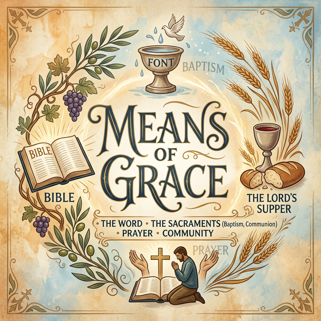 Bible, baptism font with dove, praying man, and bread with wine representing means of grace